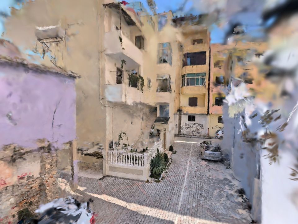 A paved yard with a balustrade between apartment buildings in a 3D tour filmed outdoors on a phone